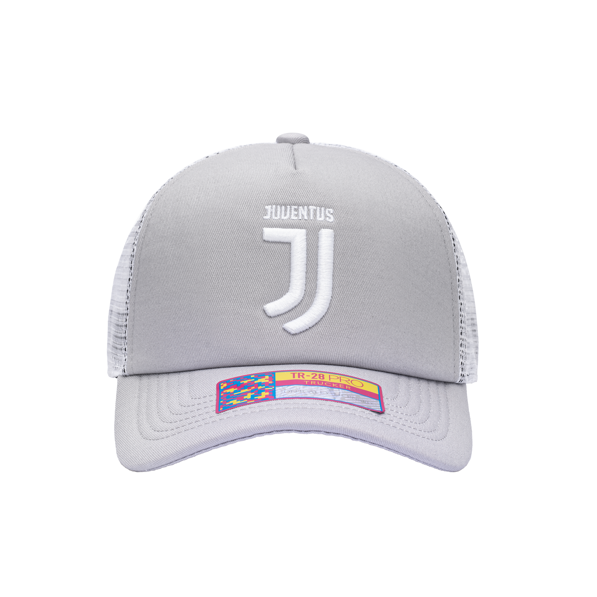 Front view of the Juventus Fog Trucker Hat in Grey/White, with a high crown, curved peak, mesh back and snapback closure.