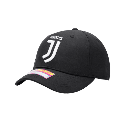 Side view of the Juventus Hit Adjustable hat with mid constructured crown, curved peak brim, and slider buckle closure, in Black.