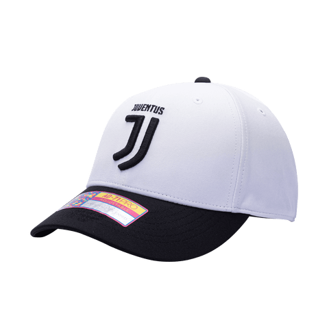 Side view of the Juventus Core Adjustable hat with mid constructured crown, curved peak brim, and slider buckle closure, in White/Black.