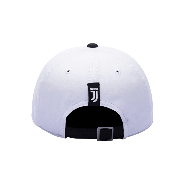 Back view of the Juventus Core Adjustable hat with mid constructured crown, curved peak brim, and slider buckle closure, in White/Black.