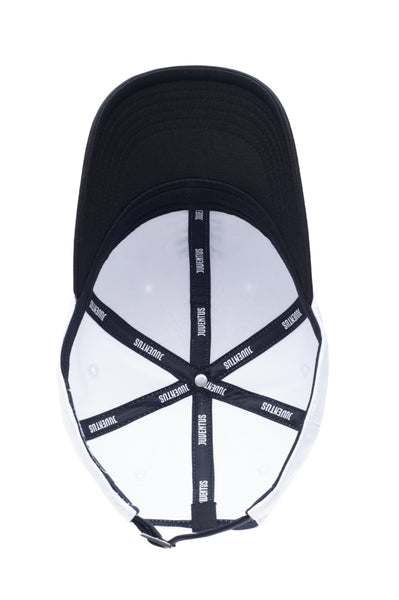 Bottom view of the Juventus Core Adjustable hat with mid constructured crown, curved peak brim, and slider buckle closure, in White/Black.