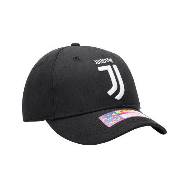 Side view of Juventus Snapback Hat with high crown, curved peak brim, adjustable back, in Black