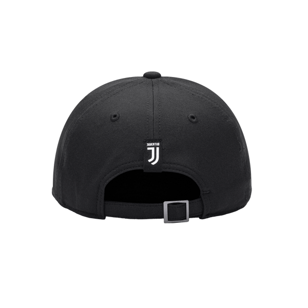 Back view of the Juventus Dusk Adjustable hat with mid constructured crown, curved peak brim, and slider buckle closure, in Black.