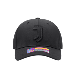 Front view of the Juventus Dusk Adjustable hat with mid constructured crown, curved peak brim, and slider buckle closure, in Black.