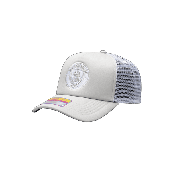 Manchester City Fog Trucker hat with high, constructed crown, curved peak, and snapback closure in Grey