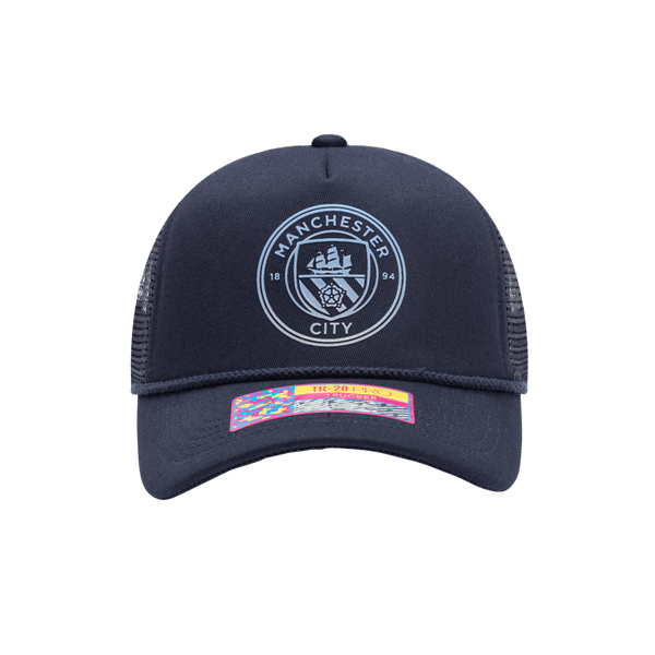Manchester City Atmosphere Trucker with mid crown, curved peak brim, mesh back, and snapback closure, in Navy