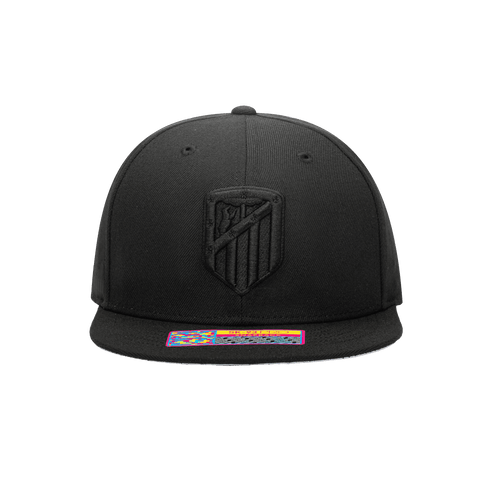 Front view of Atletico Madrid Dusk Snapback with high crown, flat peak, and snapback closure, in Black