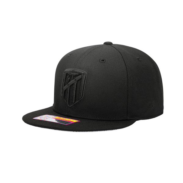 Side view of Atletico Madrid Dusk Snapback with high crown, flat peak, and snapback closure, in Black