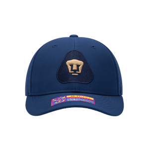 Front view of the Pumas Standard Adjustable hat with mid constructured crown, curved peak brim, and slider buckle closure, in Navy.