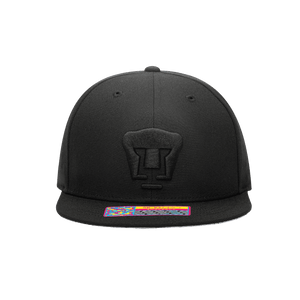 Front view of Pumas Dusk Snapback with high crown, flat peak, and snapback closure, in Black