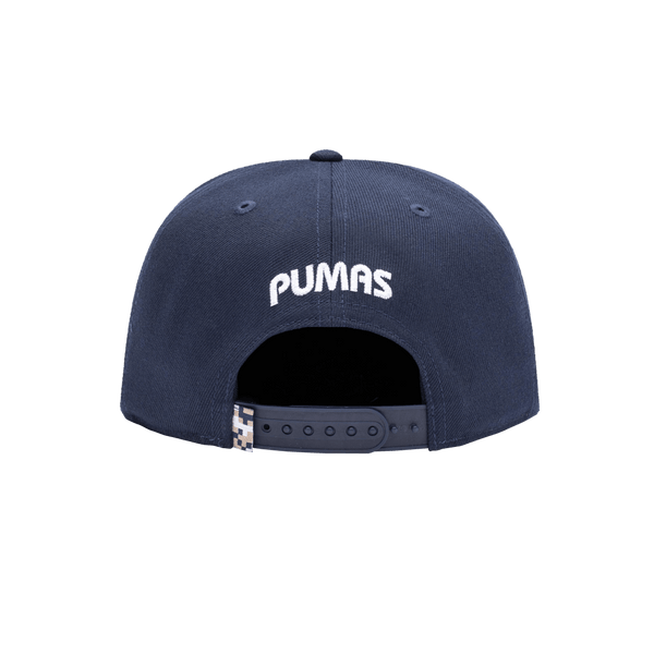 Pumas Eclipse Snapback with high crown, flat peak brim, and snapback closure, in Navy