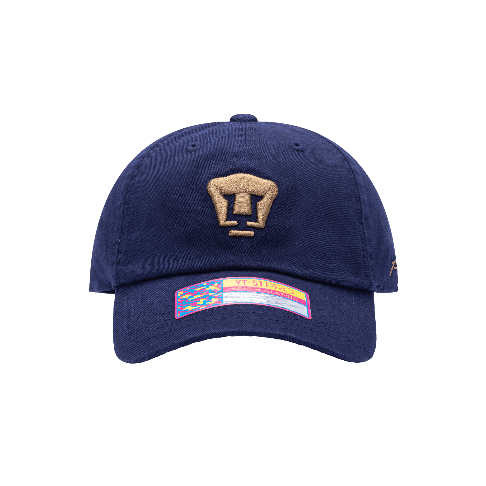 Front view of the Pumas Bambo Kids Classic hat with low unstructured crown, curved peak brim, and buckle closure, in navy.