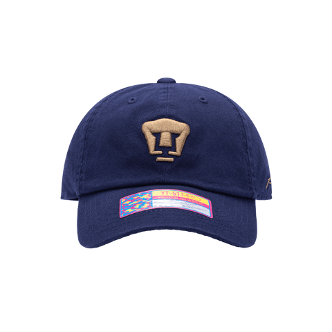 Front view of the Pumas Bambo Kids Classic hat with low unstructured crown, curved peak brim, and buckle closure, in navy.