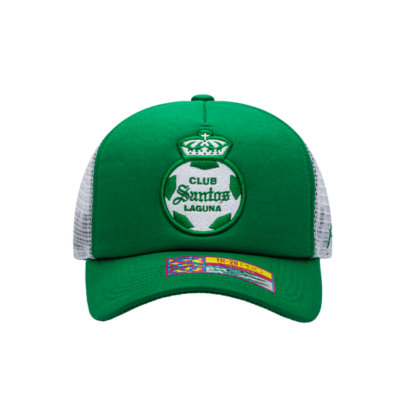 Front view of the Santos Laguna Fog Trucker Hat in Green/White, with a high crown, curved peak, mesh back and snapback closure.