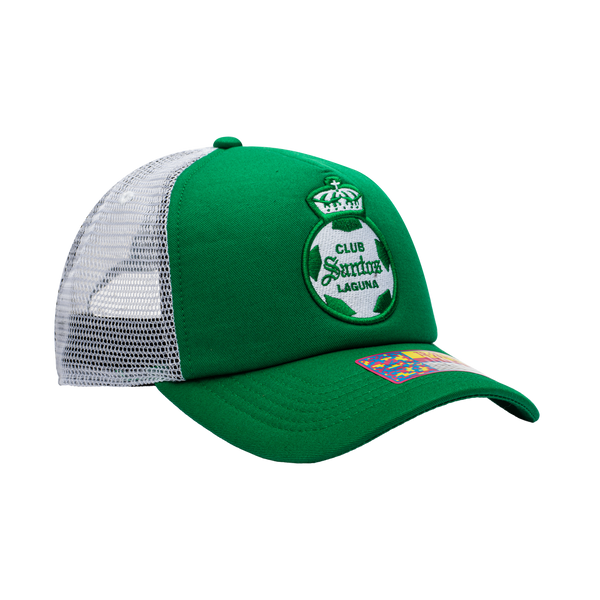 Side view of the Santos Laguna Fog Trucker Hat in Green/White, with a high crown, curved peak, mesh back and snapback closure.