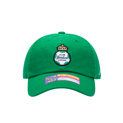 Front view of the Santos Laguna Bambo Classic hat with low unstructured crown, curved peak brim, and buckle closure, in green.
