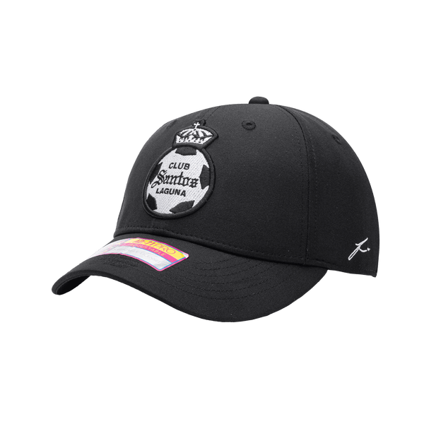 Side view of the Santos Laguna Hit Adjustable hat with mid constructured crown, curved peak brim, and slider buckle closure, in Black.