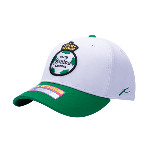 Side view of the Santos Laguna Core Adjustable hat with mid constructured crown, curved peak brim, and slider buckle closure, in White/Green.