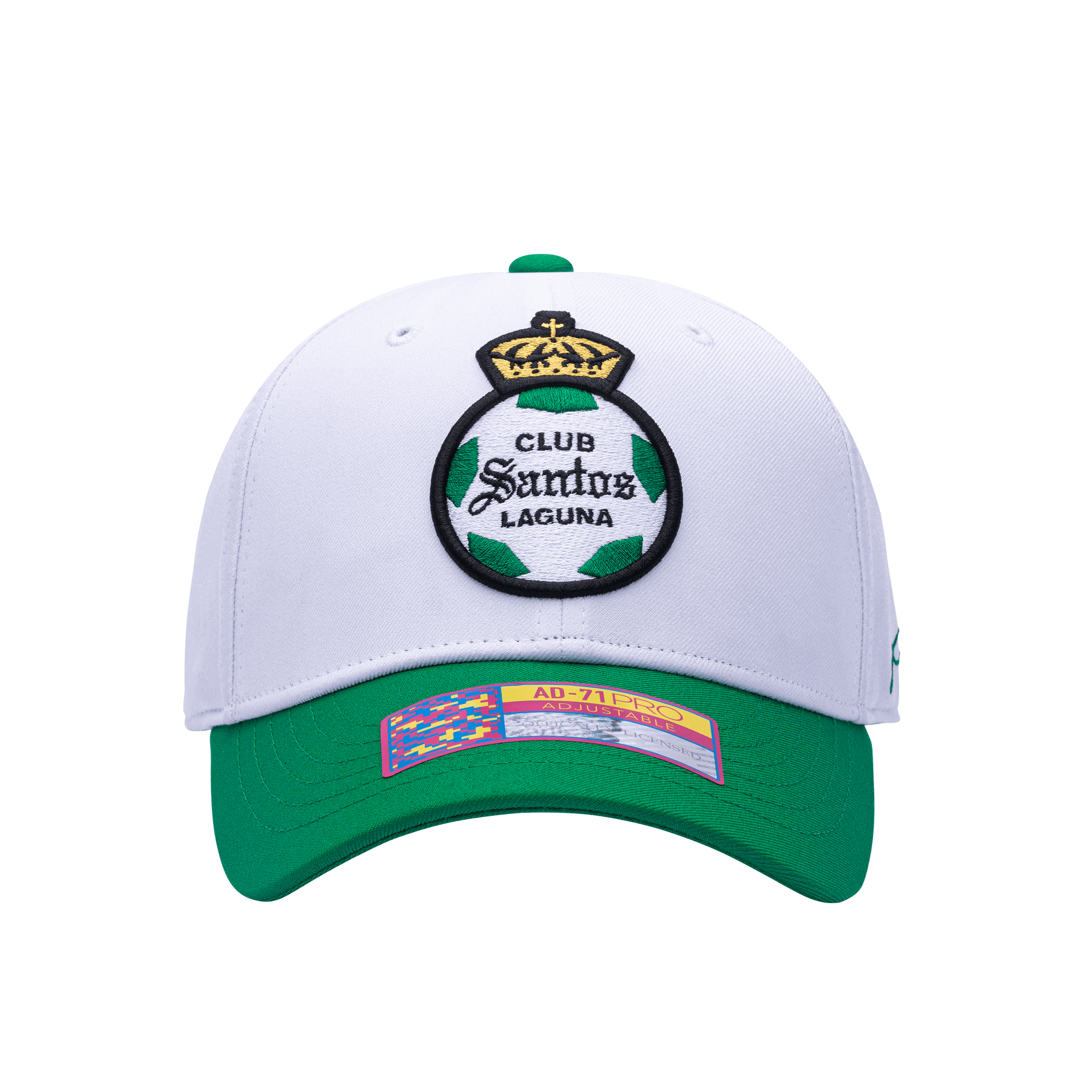 Front view of the Santos Laguna Core Adjustable hat with mid constructured crown, curved peak brim, and slider buckle closure, in White/Green.