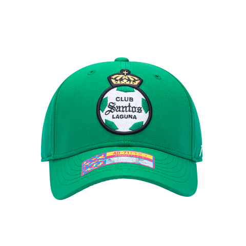 Front view of the Santos Laguna Standard Adjustable hat with mid constructured crown, curved peak brim, and slider buckle closure, in Green.