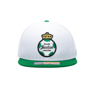 Front view of the Santos Laguna Team Snapback in white and green, with high crown and flat peak.