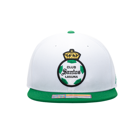 Front view of the Santos Laguna Team Snapback in white and green, with high crown and flat peak.
