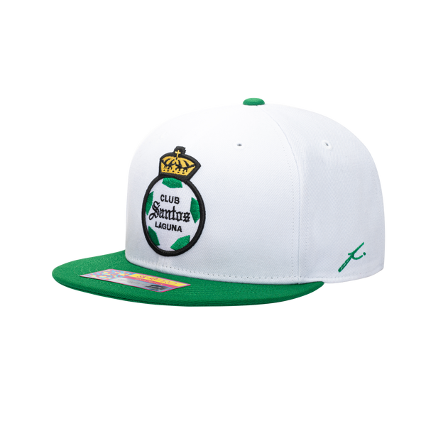 Side view of the Santos Laguna Team Snapback in white and green, with high crown and flat peak.