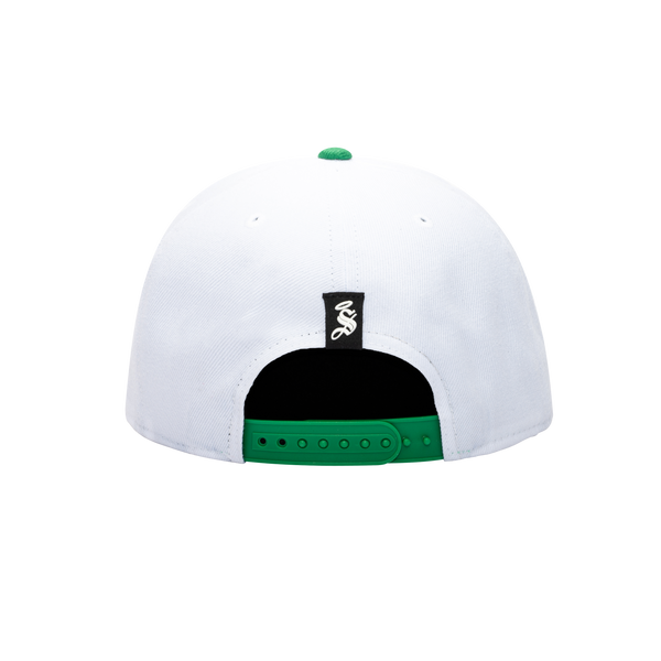 Back view of the Santos Laguna Team Snapback in white and green, with high crown and flat peak.