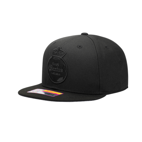 Side view of the Santos Laguna Dusk Snapback in black, with high crown and flat peak.